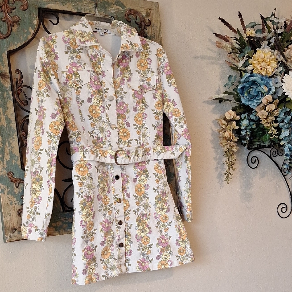 Amazing Lace Wht/Pink/Orange Jean belted Floral Long Sleeve Dress. NWOT Size S - Picture 6 of 10